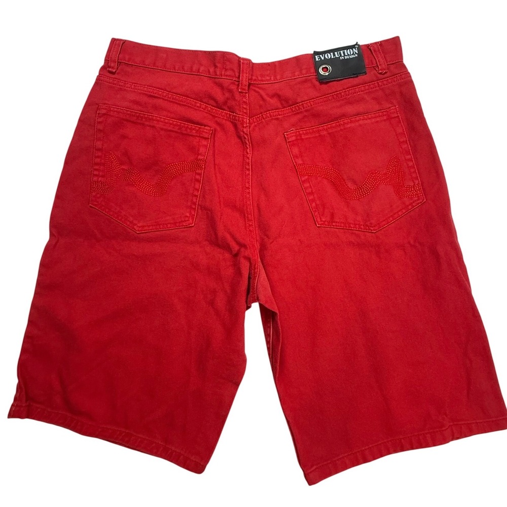 Evolution In Design Mens Red Denim Shorts Size 42 Embroidered Streetwear Cotton